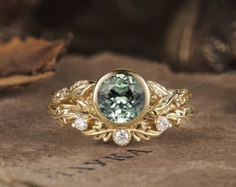 Vintage Round Green Sapphire Engagement Ring Set 14k Yellow Gold Unique Natural Inspired Leaf Design Wedding Ring Set Bezel Rings For Women
