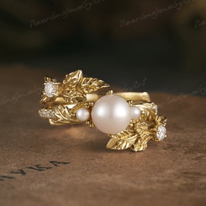 Akoya Pearl Engagement Ring Set Inspired Leaf Wedding Ring Set Pearl Cluster Wedding Ring Enhancer Stacking Wedding Ring Handmade Gold Ring
