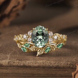 Unique Green Sapphire Leaf Engagement Ring Set Vintage Leaf Engraved Handmade Ring Yellow Gold Twisted Ring Curved Wedding Rings For Women