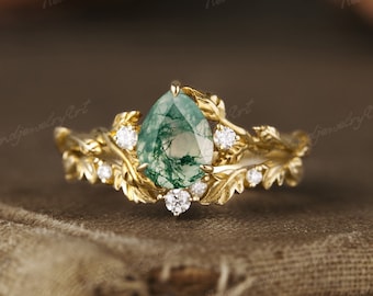 Moss Agate Engagement Ring Set, Leaf Floral Moissanite Wedding Band, Anniversary Gift For Her