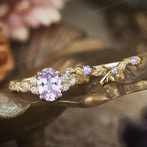 Unique Oval Cut Lavender Sapphire Engagement Ring Set Gold Ring Diamond Cluster Wedding Ring Purple Sapphire Rings For Women Gift For Her