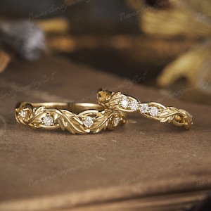2pcs Couple Rings Set Inspired Leaf Engagement Ring Mens Gold Moissanite Wedding Ring Diamond Stacking Ring Leaf Engraving Ring For Women