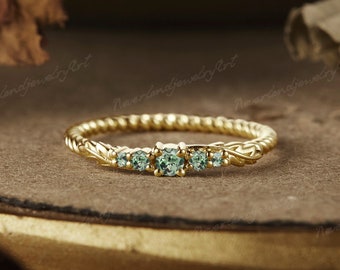 Unique Green Sapphire Wedding Band Yellow Gold Leaf Branch Wedding Ring Five Stone Ring Vintage Twisted Sapphire Rings For Women