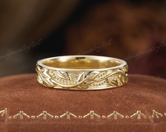 Vintage Mens Wedding Band Gold Couple Rings Nature Inspired Leaf Floral Wedding Ring Unique Handmade Promise Ring For Men engagement Ring