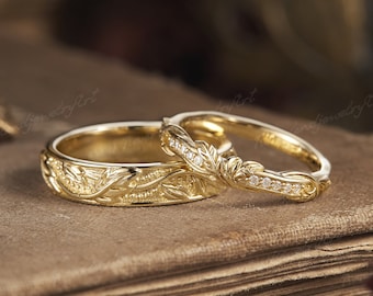 2pcs Couple Rings Set Natural Inspired Ring Diamond Wedding Ring Set Vintage Leaf Wedding Band For Men Handmade Gold Rings For Women