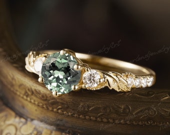 Round Shaped Green Sapphire Engagement Ring Solid Gold Ring Unique Twig Leaf Ring Branch Ring Diamond Cluster Wedding Ring Promise Ring