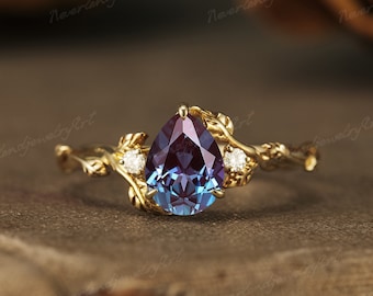 Vintage Alexandrite Engagement Ring Unique Diamond Cluster Wedding Ring Nature Inspired Leaf Floral Wedding Ring Leaf Rings For Women