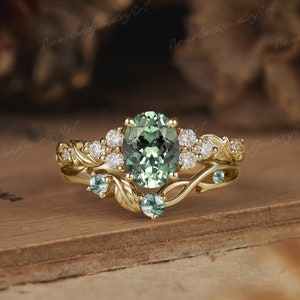 Oval Cut Green Sapphire Engagement Ring Set Nature Inspired Leaf Handmade Gold Wedding Ring Set Moss Agate Curved Stacking Wedding Band