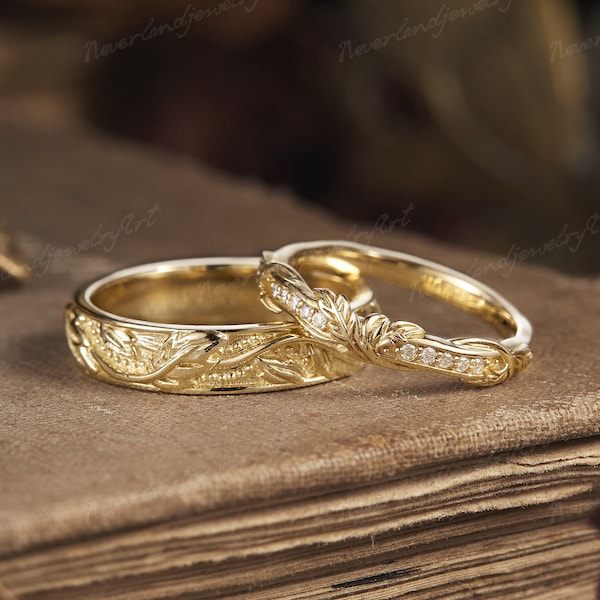 2 Stück Paar Ringe Set Natürliche Inspiriert Ring Diamant Ehering Set Vintage Blatt Ehering Für Männer Handgemachte Goldringe Für Frauen