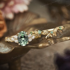 Vintage Green Sapphire Engagement Ring Set Nature Inspired Leaf Handmade Gold Wedding Ring Set Green Sapphire Curved Stacking Wedding Band