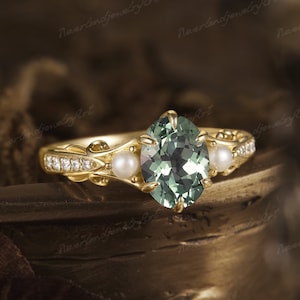 Vintage Green Sapphire Engagement Ring Women Solid Gold Ring Diamond Cluster Wedding Ring Unique Pearl Wedding Ring Anniversary Gift For Her