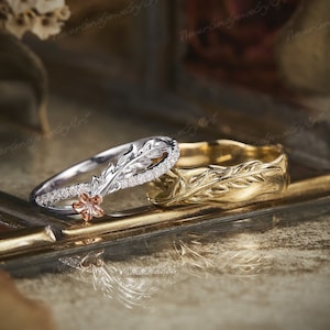Couple Ring Set Leaf Handmade Diamond Wedding Rings Leaf Engagement Ring For Men Mens Wedding Ring Vintage Floral Gold Ring For Women