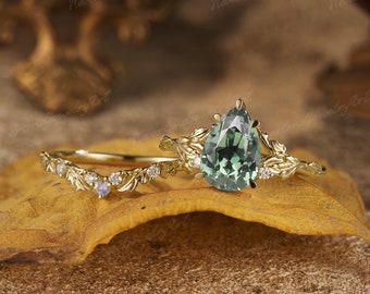 Vintage Green Sapphire Engagement Ring Set Nature Inspired Leaf Floral Gold Handmade Wedding Ring Set Diamond Curved Wedding Band For Women