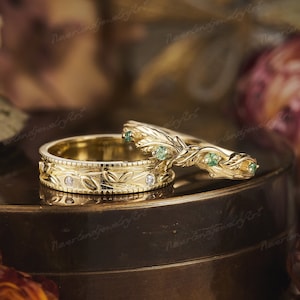 Couple Rings Set Nature Inspired Leaf Wedding Ring Diamond Mens Engagement Ring Handmade Ring Gold Green Sapphire Wedding Ring For Women