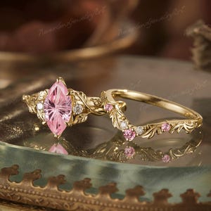 Vintage Firework Pink Sapphire Marquise Cut Engagement Ring Set Leaf Engraved Wedding Ring Set Nature Inspired Ring Diamond Rings For Her