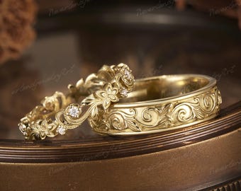Art Deco 2pcs Diamond Couple Ring Set Nature Inspired Flower Rings Leaf Wedding Bands Gold Engraved Rings Anniversary Rings Gifts for Him