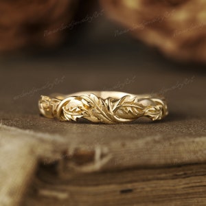 Vintage Mens Engagement Ring Mens Wedding Band Unique Nature Inspired Leaf Ring Engraving Leaf Gold Ring Couple Rings For Men Handmade Ring