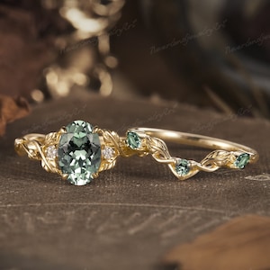 Unique Green Sapphire Engagement Ring Set Oval Yellow Gold Vintage Sapphire Leaf Wedding Ring Set Cluster Diamond Ring Anniversary Gift