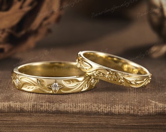 Yellow Gold Leaf Wedding Band Set, Nature Inspired Couple Ring, His and Hers Wedding Ring Set