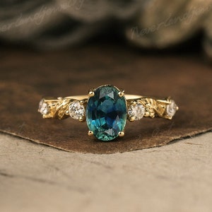 Oval Cut Teal Sapphire Engagement Ring Art Deco Yellow Gold Diamond Promise Ring Dainty Green Blue Sapphire Leaf Engraved Bridal Ring