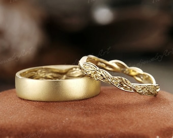 Couple Rings Set Nature Inspired Leaf Engraving Wedding Ring Unique Men Leaf Wedding Band Handmade Jewelry Leaf Gold Wedding Ring For Women