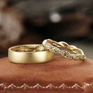 Couple Rings Set Nature Inspired Leaf Engraving Wedding Ring Unique Men Leaf Wedding Band Handmade Jewelry Leaf Gold Wedding Ring For Women