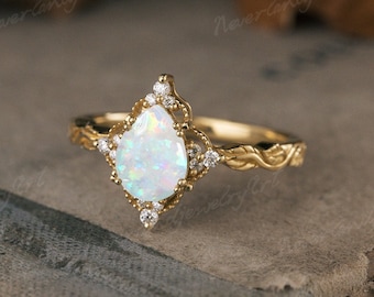 Vintage Pear Cut Opal Engagement Ring Nature Inspired Leaf Engraved Promise Ring Antique Yellow Gold Floral Diamond Cluster Bridal Ring