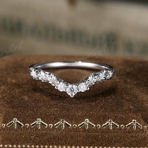 Unique Moissanite Wedding Band Vintage White gold Leaf Engraved Diamond Bridal Band Inspired Leaf Floral Stacking Wedding Ring For Women