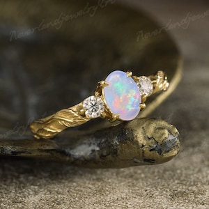 Dainty Oval Cut Natural Opal Engagement Ring Unique Round Diamond Three Stone Ring Inspired Leaf Engraved Twist Bridal Promise Ring