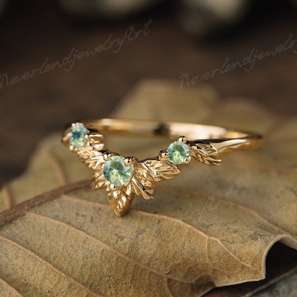 Unique Green Sapphire Wedding Band Art Deco Yellow Gold Stacking Matching Bridal Band Nature Inspired Leaf Engraved Handmade Wedding Ring