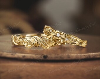 Handmade Leaf Milgrain Wedding Ring Set, Nature Inspired Couple Rings, Promise Rings Women