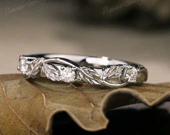 Vintage White Gold Diamond Wedding Ring Nature Inspired Leaves Engraved Straight Engagement Ring Unique Vines Twisted Diamond Handmade Ring