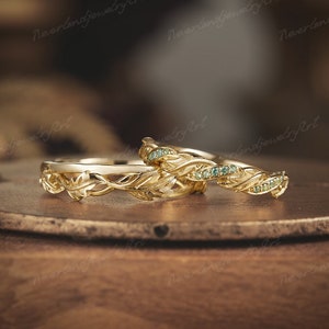Couple Rings Set Inspired Leaf Wedding Rings Mens Wedding Band Handmade Promise Ring Green Sapphire Gold Wedding Ring Set For Men and Women