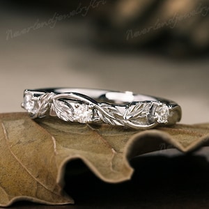 Vintage White Gold Diamond Wedding Ring Nature Inspired Leaves Engraved Straight Engagement Ring Unique Vines Twisted Diamond Handmade Ring