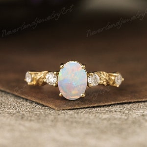 Natural Oval Cut Opal Engagement Ring Delicate Yellow Gold Diamond Promise Ring Nature Inspired Leaf Engraved Anniversary Gift To Her
