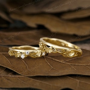 Couple Rings Set Leaf Engraving Diamond Wedding Rings Men Leaf Engagement Ring Handmade Moissanite Gold Wedding Ring Set For Men and Women
