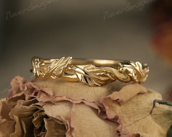 Vintage Leaf Engagement Ring Leaf Wedding Band Inspired Leaf Branch Twist Stacking Matching Ring Art Deco Solid Yellow Gold Anniversary Gift