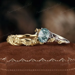 2pcs Couple Rings Set Moss agate Engagement Ring For Women Vintage Leaf Engraving Wedding Band For Men Handmade Gold Wedding Ring Set