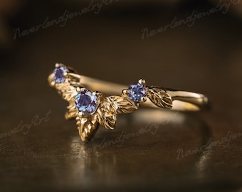 Alexandrite Leaf Wedding Band, Engraved Stacking Ring, Solid Gold Promise Ring