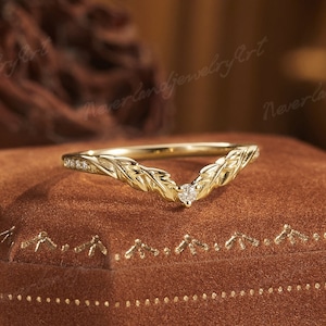 Unique Diamond Wedding Band Solid Gold Ring Leaf Diamond Ring Nature Inspired Ring Art Deco Matching Rings Promise Rings Gifts For Women
