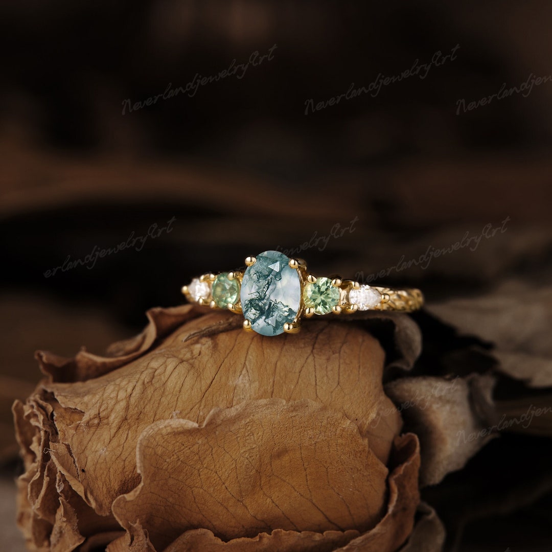 Vintage Moss Agate Engagement Ring Unique Green Sapphire Cluster