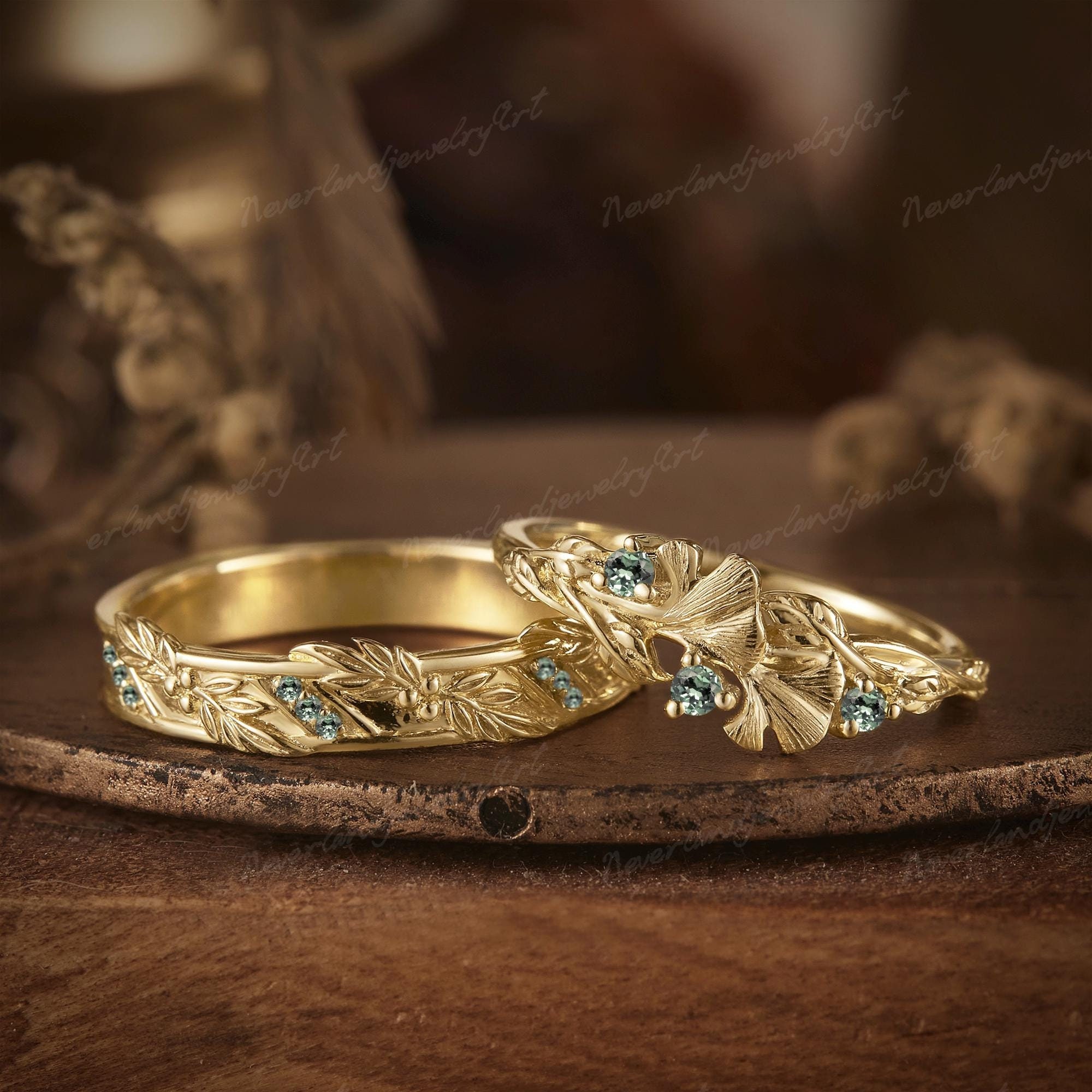 2pcs Leaf Couple Rings Set Green Sapphire Engagement Ring Set Men