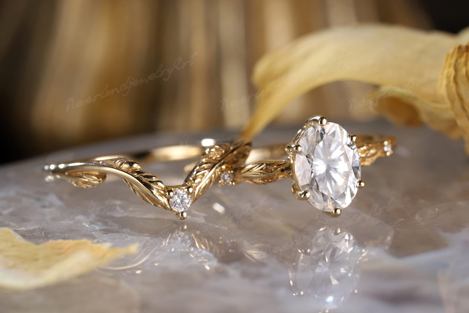 Vintage Oval Cut Moissanite Engagement Ring Set Solid Gold Leaf Ring ...
