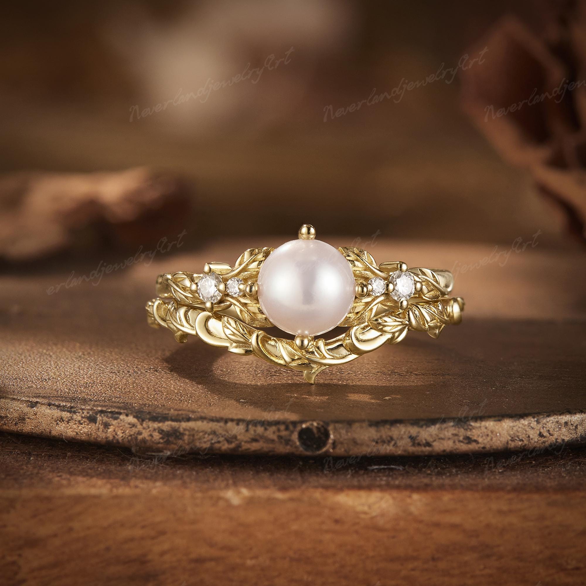パール 18K リング Vintage Akoya Pearl Engagement Ring Set Nature Inspired Leaf Rings