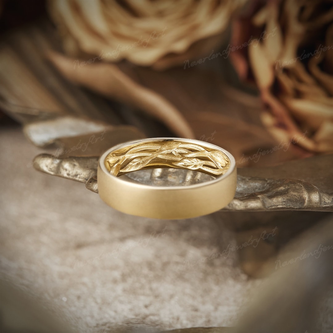 Vintage Mens Wedding Band Solid Gold Couple Rings Nature Inspired Leaf ...