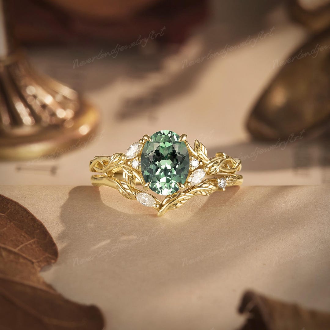 Art Deco Oval Green Sapphire Engagement Ring Set Nature Inspired Leaf ...