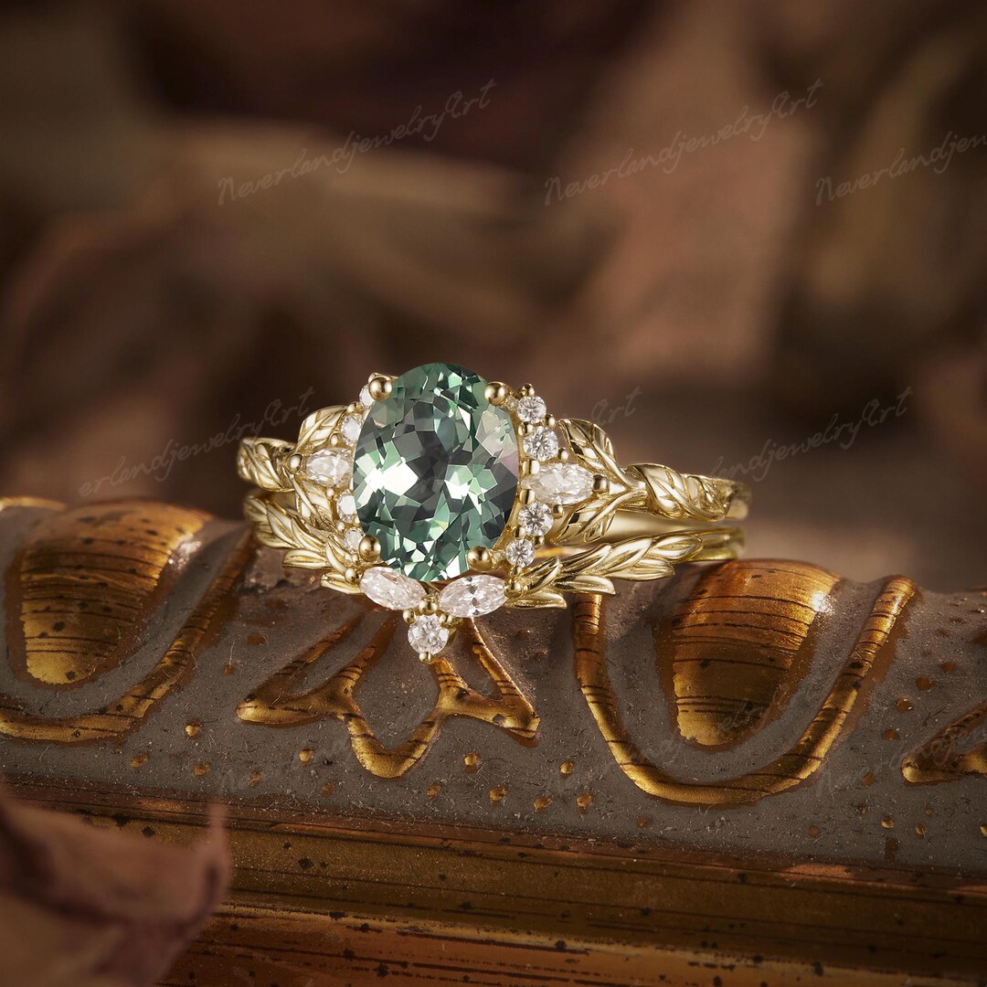 Art Deco Green Sapphire Engagement Ring Set Nature Inspired Leaf Rings ...