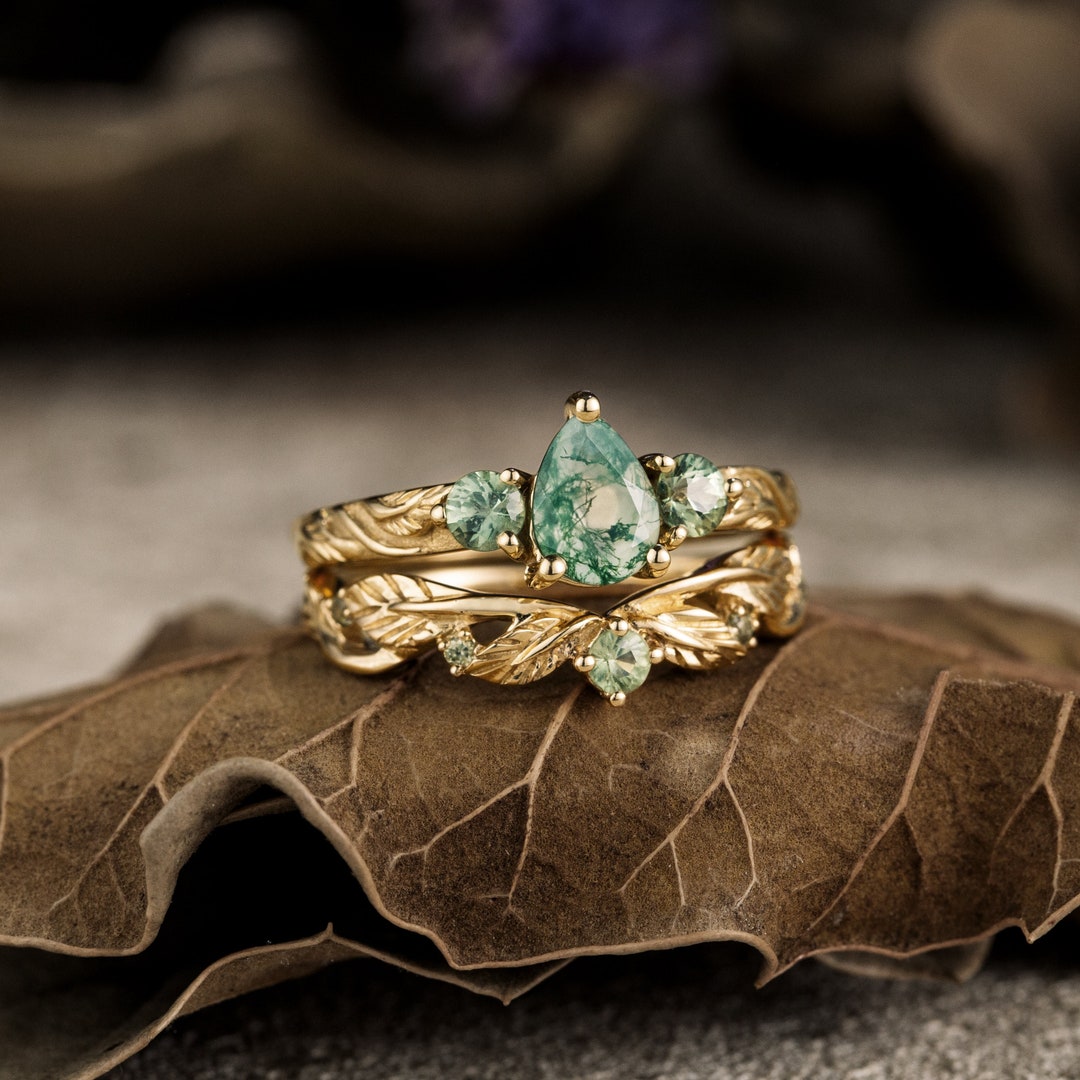 Vintage Moss Agate Engagement Ring Set Natural Inspired Leaf - Etsy