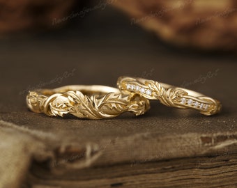 2pcs Couple Rings Set Leaf Engraving Diamond Engagement Rings Mens Leaf Wedding Band Handmade Gold Wedding Ring Set For Men and Women