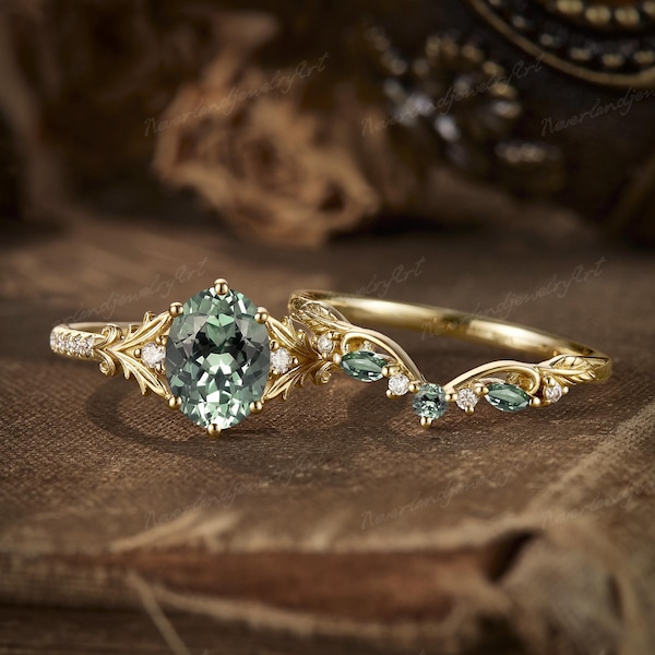 Set di anelli di fidanzamento vintage con zaffiro verde, anelli in oro, anelli con foglie ispirati alla natura, anelli con promessa, anelli con vite, anelli per anniversario, regali per lei